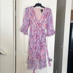 Adrianna Papell Floral Chiffon Wrap Midi Dress | Pink Purple Wedding Guest